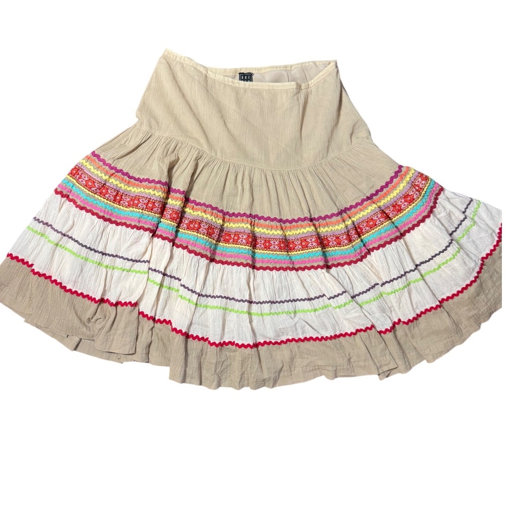 Due Per Due Tiered Midi Skirt 16 Beige Excellent Embroidered Ric Rac Boho Folk